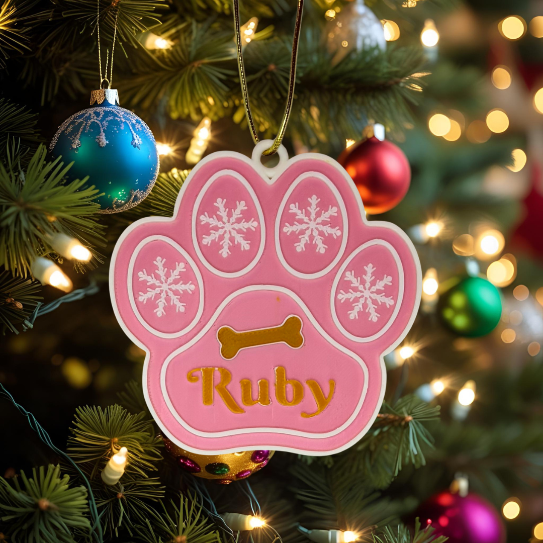 Personalised Dog Paw Christmas Ornament – Custom Pet Name Decoration for Dog Lovers