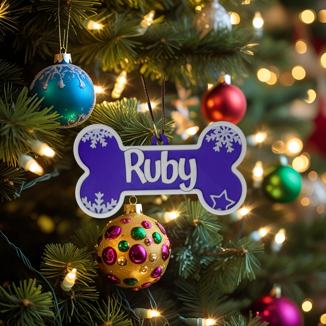 Personalised Dog Bone Christmas Ornament – Custom Pet Name (Multiple Colours)