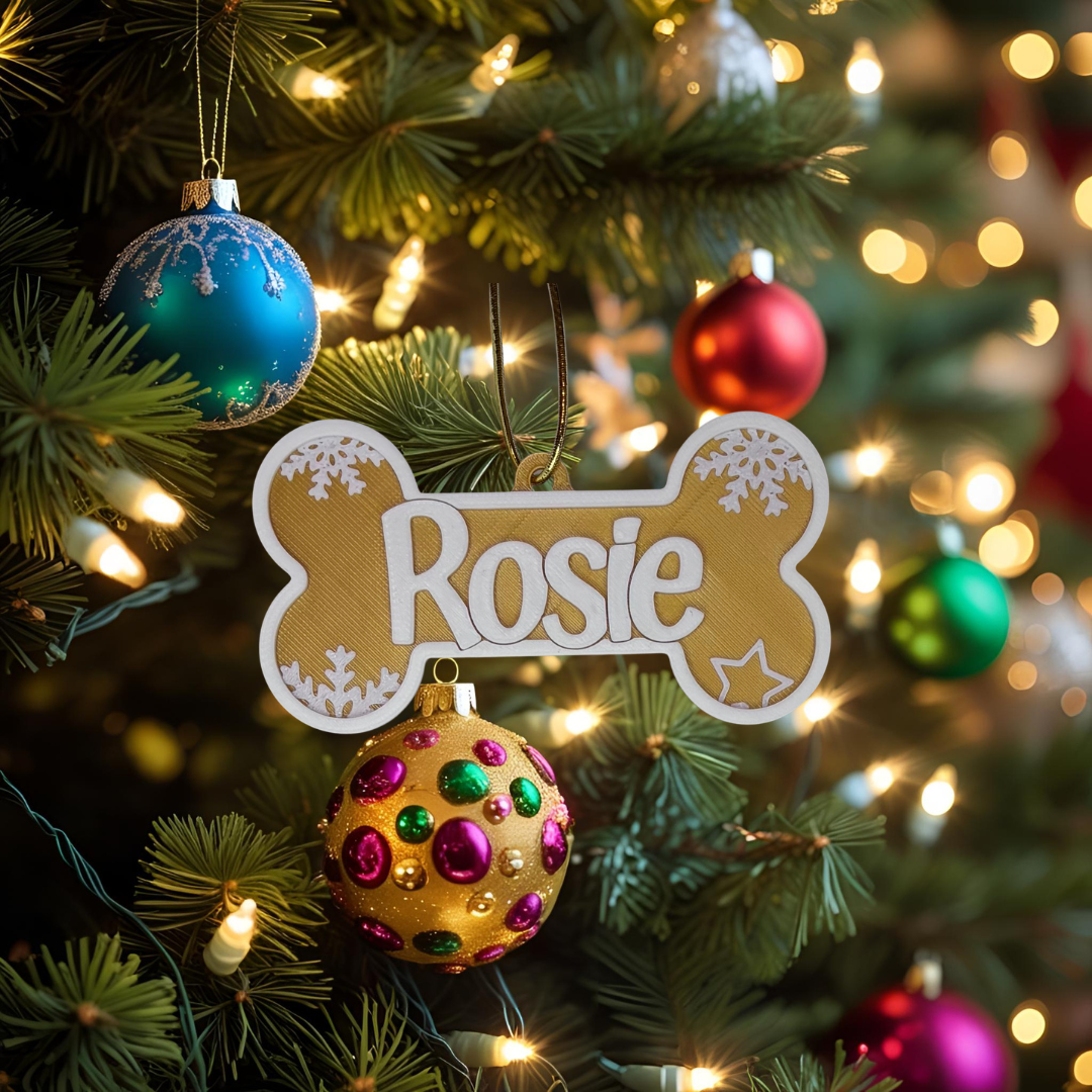 Personalised Dog Bone Christmas Ornament – Custom Pet Name (Multiple Colours)