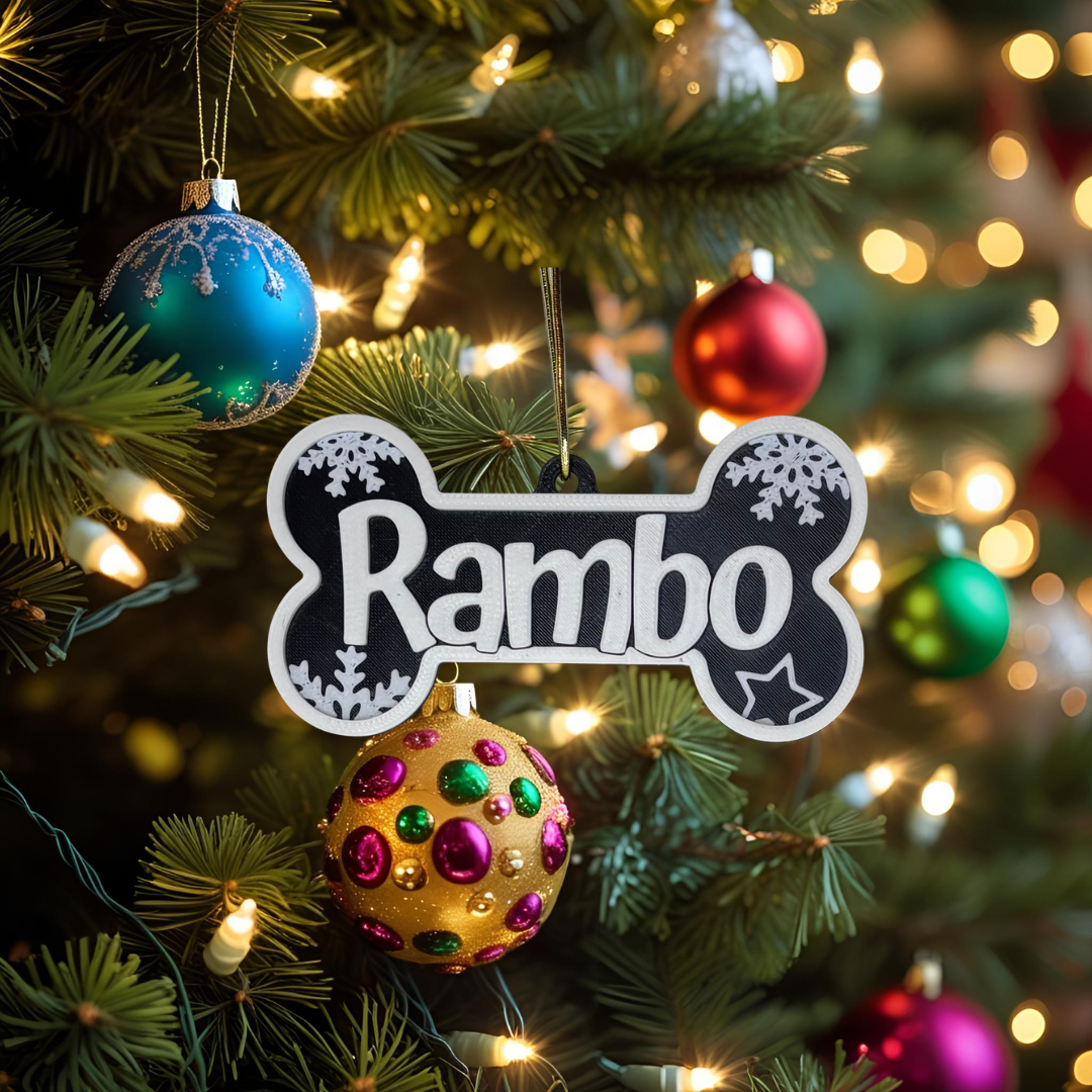 Personalised Dog Bone Christmas Ornament – Custom Pet Name (Multiple Colours)