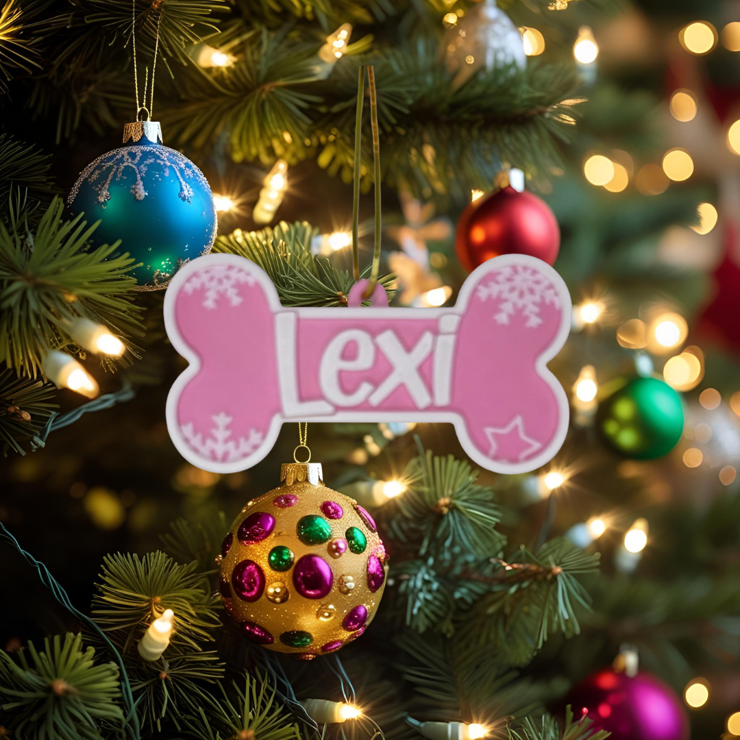 Personalised Dog Bone Christmas Ornament – Custom Pet Name (Multiple Colours)